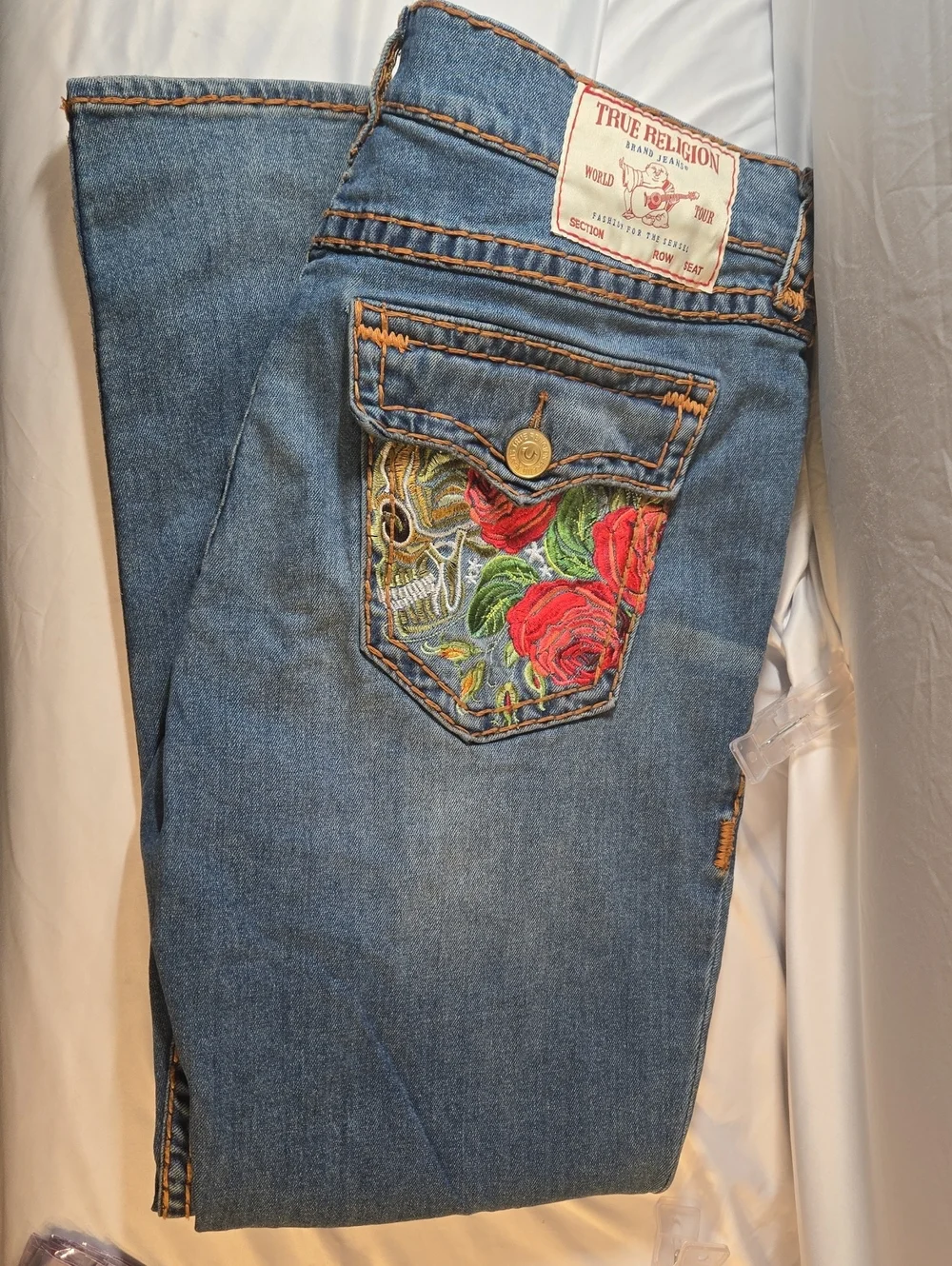 True Religion Blue Bootcut Jeans with Red Rose Embroidered Pocket
